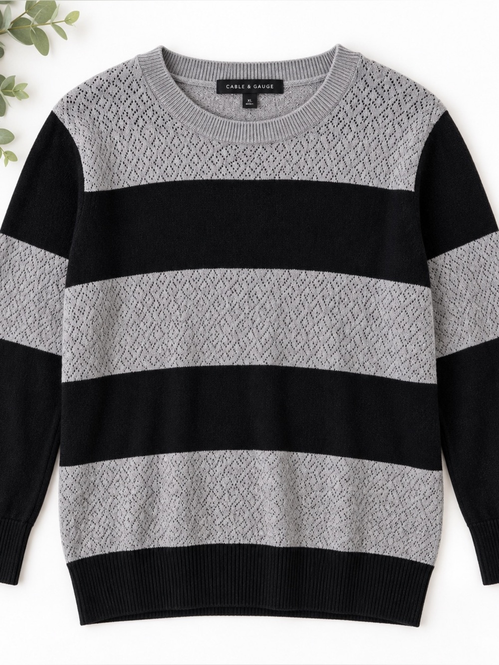 Cable & Gauge Black Gray Striped Open Knit Sweater XL